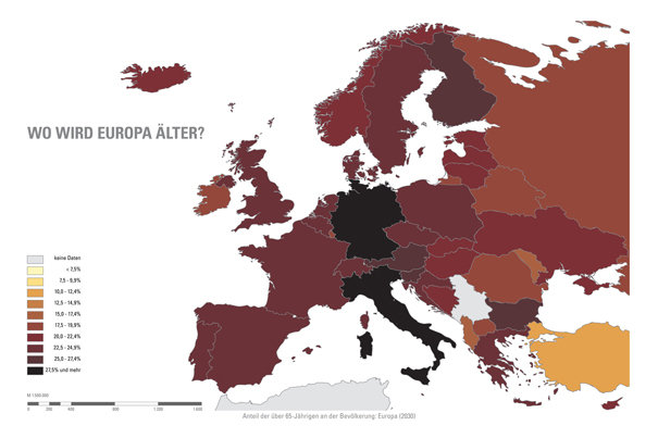 <b>WO WIRD EUROPA ÄLTER? 2</b> • In weniger als zwei Jahrzehnten, bis zum Jahr 2030, wird der Anteil der über 65-Jährigen in Europa auf mehr als 20 Prozent steigen. Den größten Anteil werden Deutschland und Italien aufweisen, knapp gefolgt von Ländern wie Bulgarien, Slowenien und Österreich. Deutlich moderater wird das Ausmaß der demografischen Alterung im Norden und Westen Europas wie in Irland oder Norwegen ausfallen. • aus: Ausstellung Generationenstadt