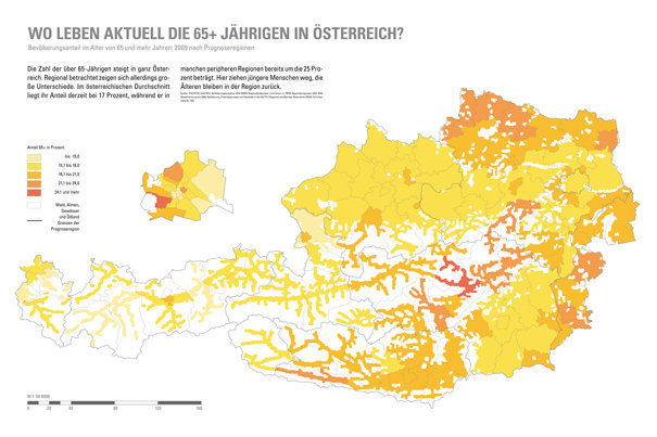 <b>WO LEBEN AKTUELL DIE 65+ JÄHRIGEN IN ÖSTERREICH? Bevölkerungsanteil im Alter von 65 und mehr Jahren: 2009 nach Prognoseregionen</b> • Die Zahl der über 65-Jährigen steigt in ganz Österreich. Regional betrachtet zeigen sich allerdings große Unterschiede. Im österreichischen Durchschnitt liegt ihr Anteil derzeit bei 17 Prozent, während er in manchen peripheren Regionen bereits um die 25 Prozent beträgt. Hier ziehen jüngere Menschen weg, die Älteren bleiben in der Region zurück. • aus: Ausstellung Generationenstadt