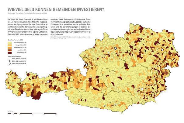 <b>WIEVIEL GELD KÖNNEN GEMEINDEN INVESTIEREN?  • Regionale Verteilung Quote freie Finanzspitze 2009</b> • Die Quote der freien Finanzspitze gibt Auskunft darüber, in welchem Ausmaß freie Mittel für Investitionen zur Verfügung stehen. Die freie Finanzspitze ist somit ein Indikator für die finanzielle Leistungsfähigkeit einer Gemeinde. Bis zum Jahr 2008 lag die Quote in Österreich konstant zwischen 4,8 und 5,6 Prozent. Das Jahr 2009 führte erstmals zu einer insgesamt negativen freien Finanzspitze. Eine negative Quote der freien Finanzspitze bedeutet, dass die laufenden Einnahmen nicht ausreichen, um die laufenden Ausgaben und die Darlehenstilgungen zu decken. Die fortlaufende Gebarung ist nur auf Basis einer Netto-Neuverschuldung möglich, an große Investitionen ist nicht zu denken. • aus: Ausstellung Generationenstadt