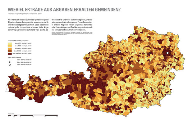 <b>WIEVIEL ERTRÄGE AUS ABGABEN ERHALTEN GEMEINDEN?  • Finanzkraft pro Kopf nach Gemeinden 2009</b> • Als Finanzkraft wird die Summe der gemeindeeigenen Abgaben plus der Ertragsanteile an gemeinschaftlichen Bundesabgaben bezeichnet. Dabei lassen sich regional große Unterschiede erkennen. Hohe Abgabenerträge verzeichnen auffallend viele Städte, sowie Industrie- und/oder Tourismusregionen, wie beispielsweise die Vorarlberger und Tiroler Gemeinden. In anderen Regionen führen ungünstige konjunkturelle Entwicklungen und Bevölkerungsverluste zu einer schwachen Finanzkraft der Gemeinden. • aus: Ausstellung Generationenstadt