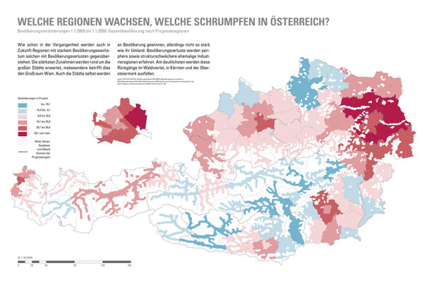 <b>WELCHE REGIONEN WACHSEN, WELCHE SCHRUMPFEN IN ÖSTERREICH? • Bevölkerungsveränderungen 1.1.2009 bis 1.1.2050: Gesamtbevölkerung nach Prognoseregionen</b> • Wie schon in der Vergangenheit werden auch in  • Zukunft Regionen mit starkem Bevölkerungswachstum solchen mit Bevölkerungsverlusten gegenüberstehen. Die stärksten Zunahmen werden rund um die großen Städte erwartet, insbesondere betrifft dies den Großraum Wien. Auch die Städte selbst werden an Bevölkerung gewinnen, allerdings nicht so stark wie ihr Umland. Bevölkerungsverluste werden periphere sowie strukturschwächere ehemalige Industrieregionen erfahren. Am deutlichsten werden diese Rückgänge im Waldviertel, in Kärnten und der Obersteiermark ausfallen. • aus: Ausstellung Generationenstadt